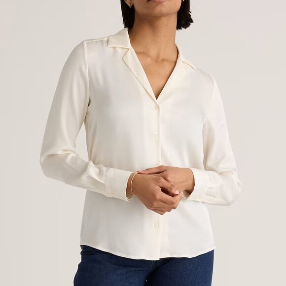 Quince Ivory Washable Stretch Silk Notch Collar Blouse - Picture 1 of 4